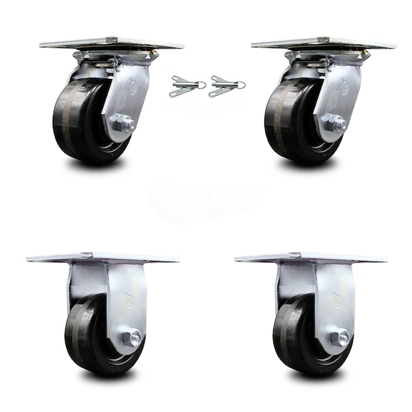 4 Inch Phenolic Caster Set with Ball Bearing 2 Swivel Lock and 2 Rigid SCC
